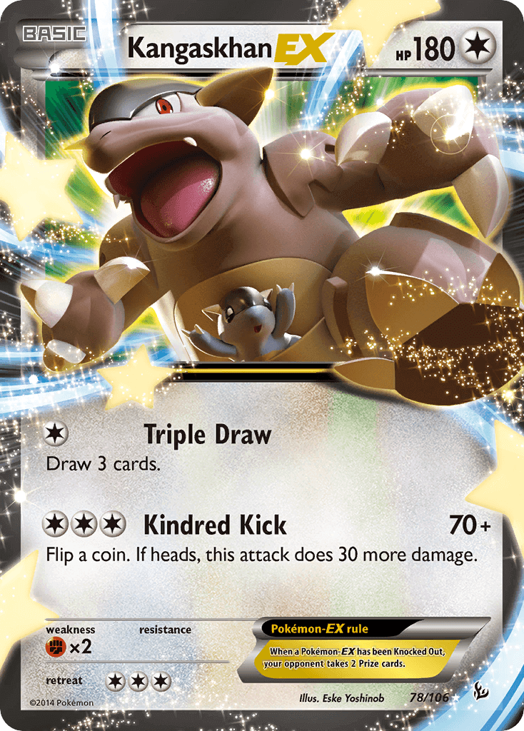 Kangaskhan EX (78/106) [XY: Flashfire] card featuring Triple Draw and Kindred Kick moves.