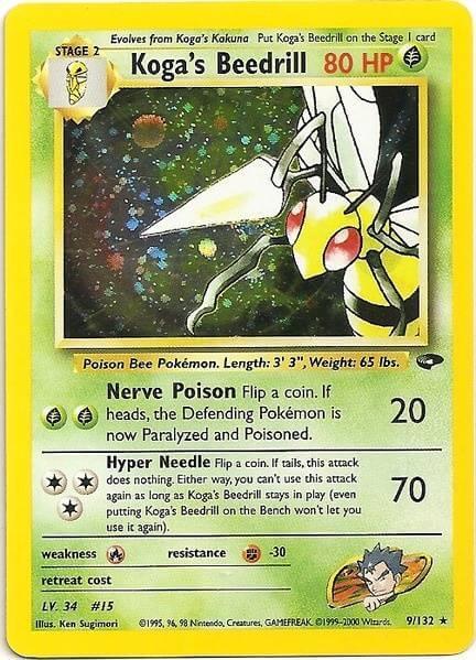 Koga's Beedrill (9/132) [Gym Challenge Unlimited] Holo Rare Grass Pokémon card featuring Nerve Poison and Hyper Needle attacks.