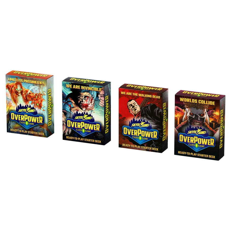 Overpower Skybound Starter Deck Display featuring four unique starter decks from Invincible and The Walking Dead.