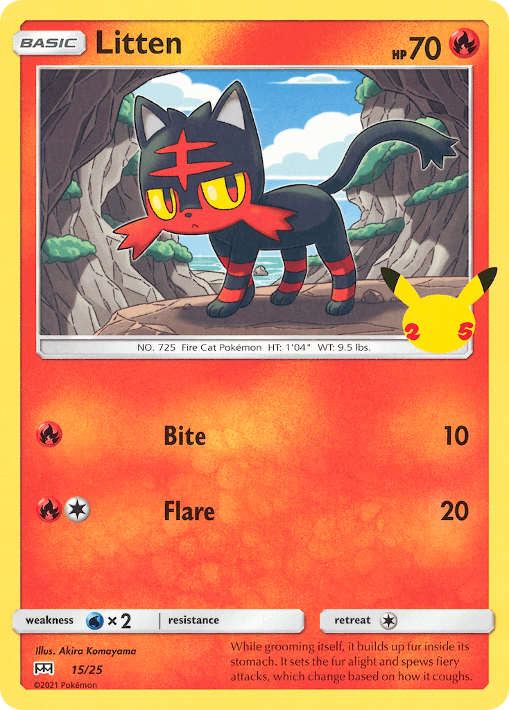 Litten (15/25) [McDonald's 25th Anniversary] trading card featuring the Fire Cat Pokémon.