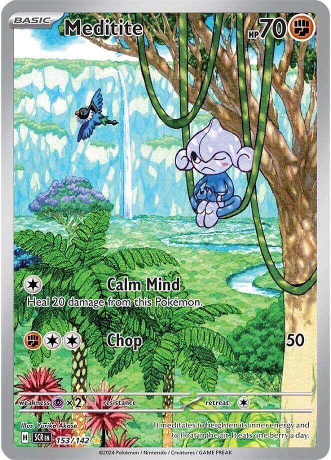 Meditite (153/142) [Scarlet & Violet: Stellar Crown] card featuring Calm Mind and Chop moves in a vibrant jungle setting.