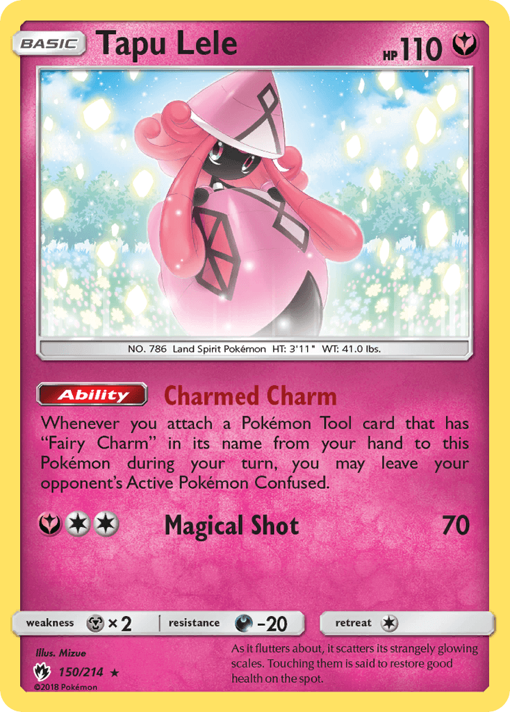 Tapu Lele (150/214) [Sun & Moon: Lost Thunder] Holo Rare card with Charmed Charm ability and Magical Shot attack.