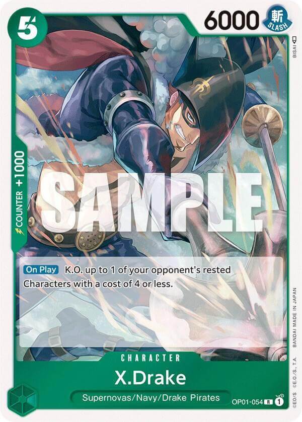 X.Drake [Romance Dawn] character card with cost 5, power 6000, ability to K.O. opponent's rested characters.