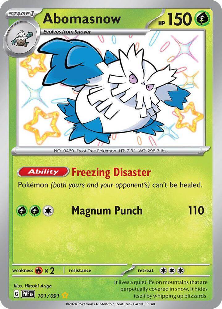Abomasnow (101/091) [Scarlet & Violet: Paldean Fates] card featuring ability Freezing Disaster and attack Magnum Punch.