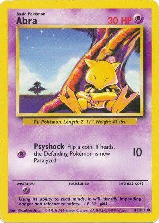 Abra (43/102) [Base Set Unlimited] card featuring Psychic type with Psyshock move and details on HP and abilities.