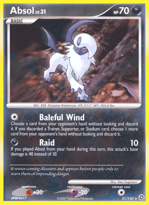 Absol (21/132) [Diamond & Pearl: Secret Wonders] card featuring Baleful Wind and Raid attacks.