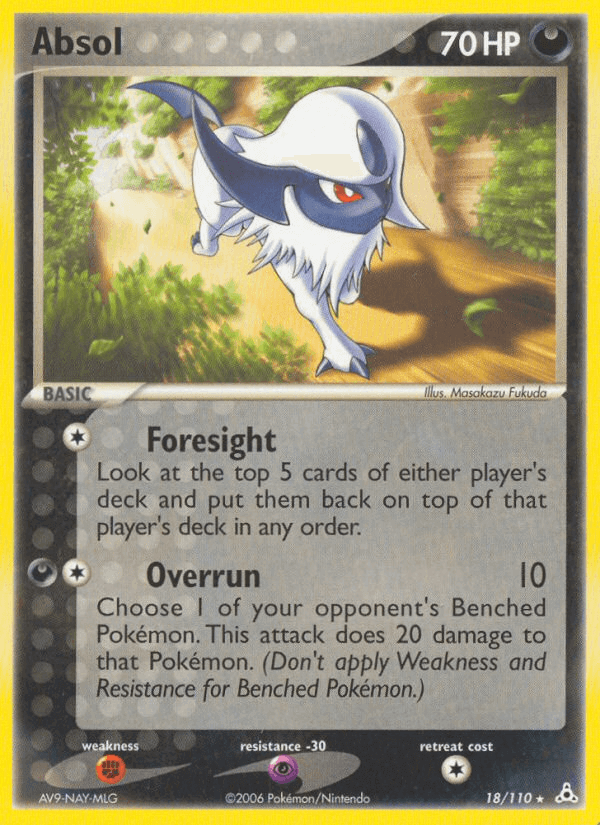 Absol (18/110) [EX: Holon Phantoms] card featuring Foresight and Overrun abilities.