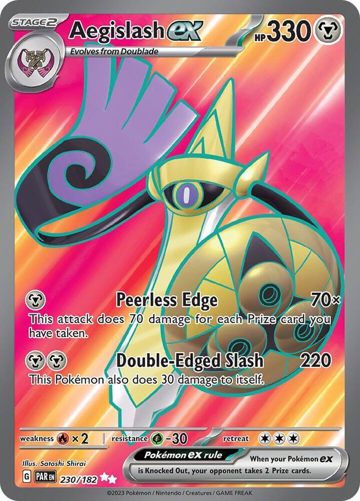 Aegislash ex (230/182) [Scarlet & Violet: Paradox Rift] card showing Peerless Edge and Double-Edged Slash moves.