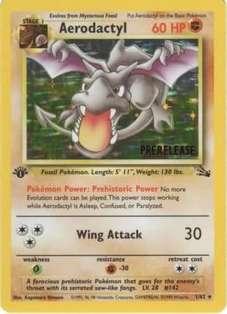 Aerodactyl (1/62) (Prerelease Promo) [Fossil 1st Edition] card featuring 60 HP and Wing Attack move.