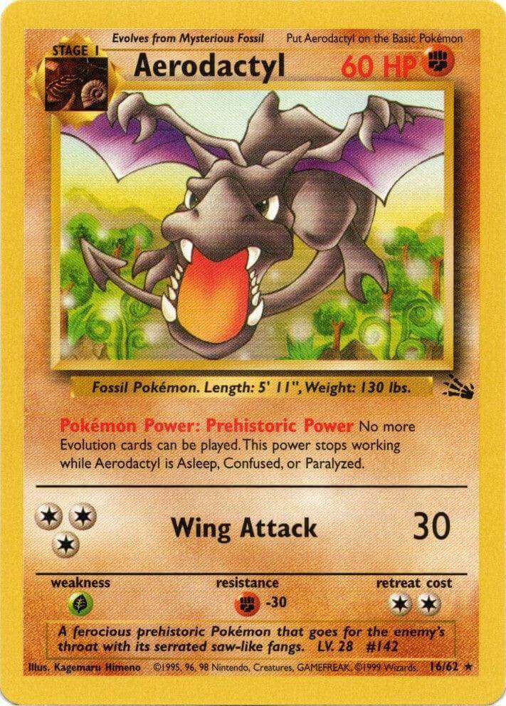 Aerodactyl (16/62) [Fossil Unlimited] card featuring its abilities and stats, including Wing Attack and Prehistoric Power.