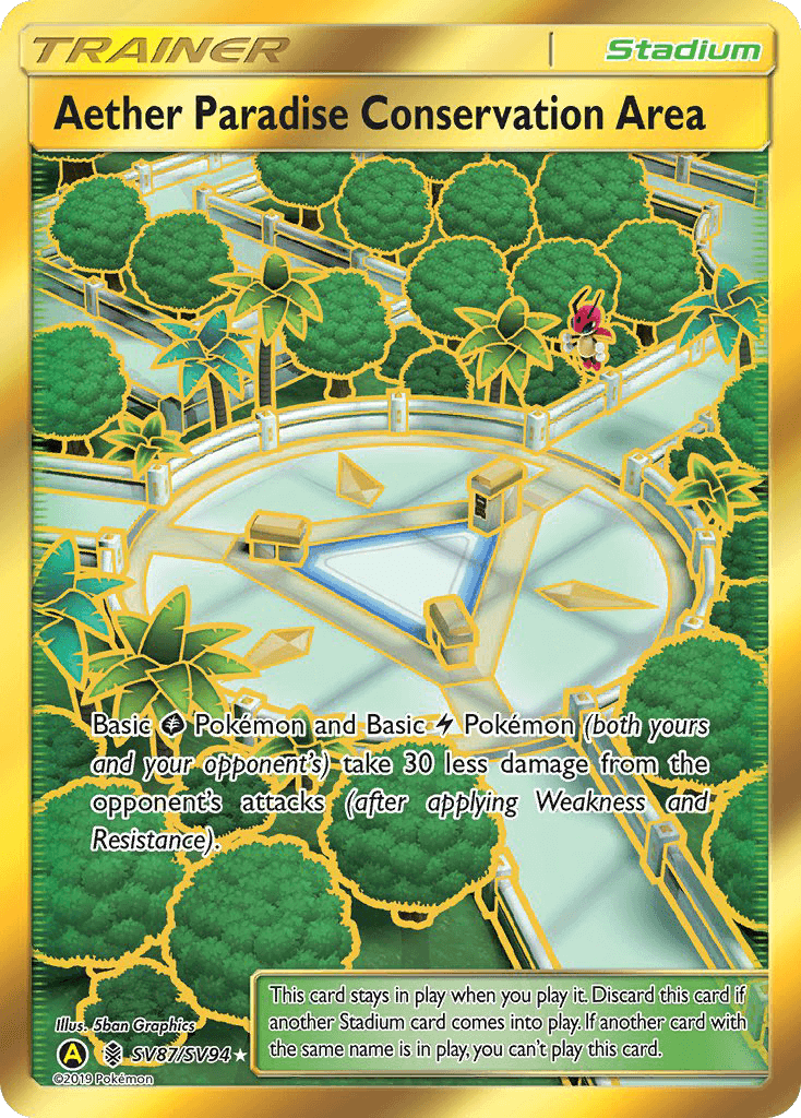 Aether Paradise Conservation Area (SV87/SV94) [Sun & Moon: Hidden Fates - Shiny Vault] Pokémon Stadium card featuring unique artwork.
