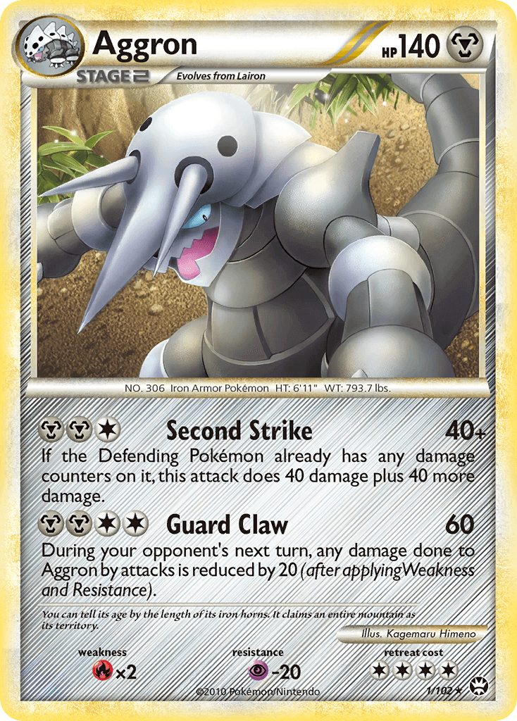 Aggron (1/102) [HeartGold & SoulSilver: Triumphant] card featuring its abilities and stats.