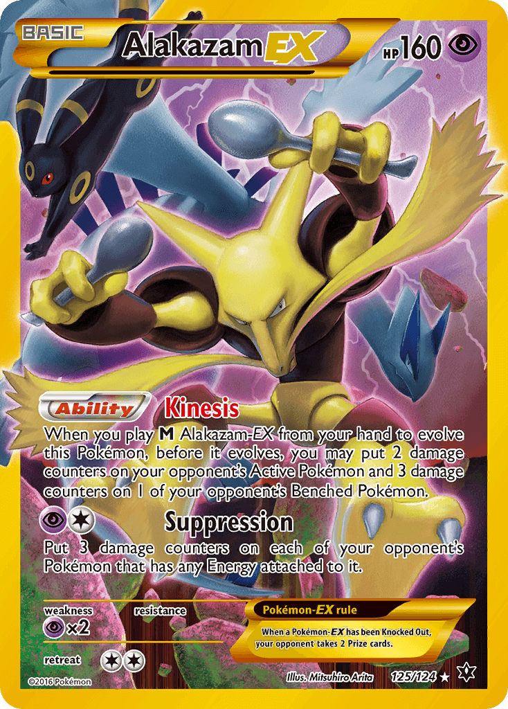 Alakazam EX (125/124) [XY: Fates Collide] card displaying Kinesis ability and HP 160, featuring Psychic type artwork.