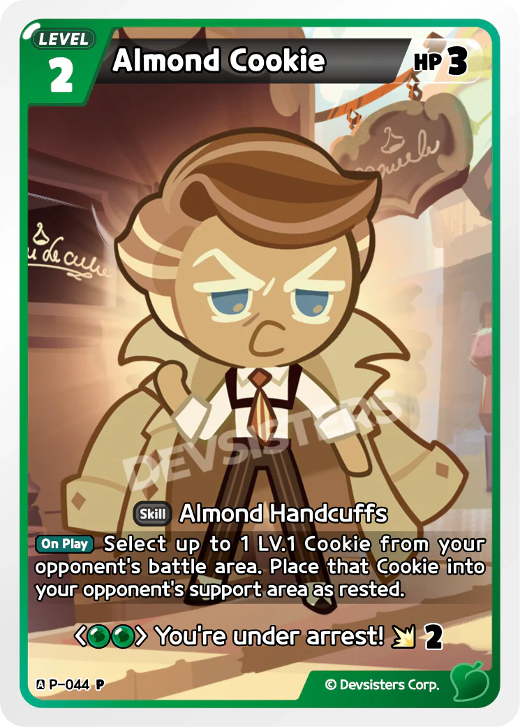 Almond Cookie P-044 P | Promo Card featuring Almond Cookie with a skill of Almond Handcuffs.