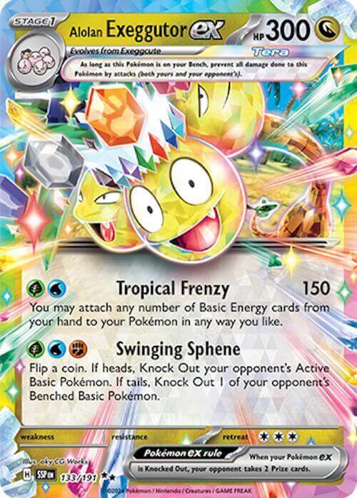 Alolan Exeggutor ex (133/191) [Scarlet & Violet: Surging Sparks] trading card showcasing Tropical Frenzy and Swinging Sphe.