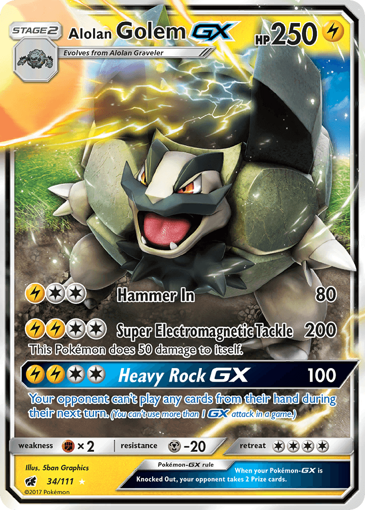 Alolan Golem GX (34/111) [Sun & Moon: Crimson Invasion] trading card featuring Lightning type, Ultra Rare rarity.