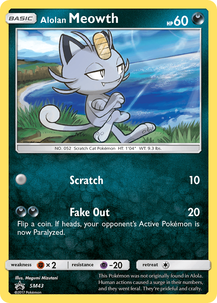 Alolan Meowth (SM43) [Sun & Moon: Black Star Promos] card showcasing its moves and stats.