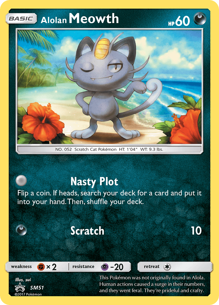 Alolan Meowth (SM51) [Sun & Moon: Black Star Promos] card featuring Nasty Plot attack.