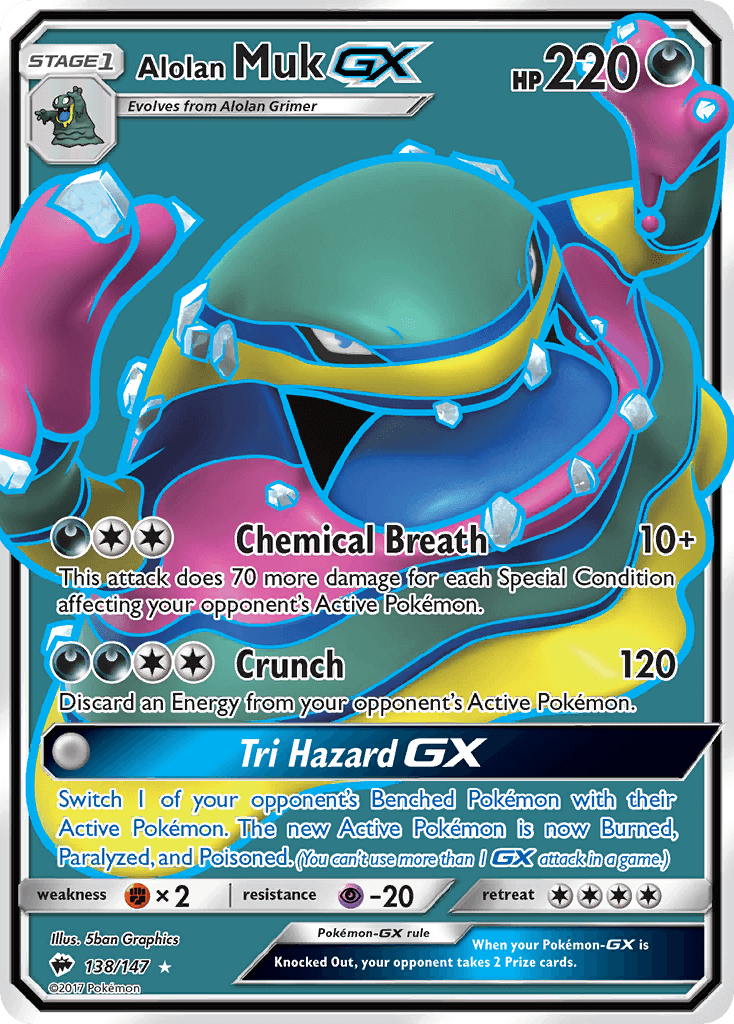 Alolan Muk GX (138/147) [Sun & Moon: Burning Shadows] card featuring moves like Chemical Breath and Crunch.