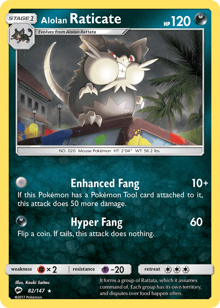 Alolan Raticate (82/147) [Sun & Moon: Burning Shadows] card showcasing HP and abilities.