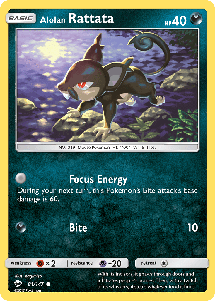 Alolan Rattata (81/147) [Sun & Moon: Burning Shadows] card showcasing its Bite attack and Focus Energy ability.