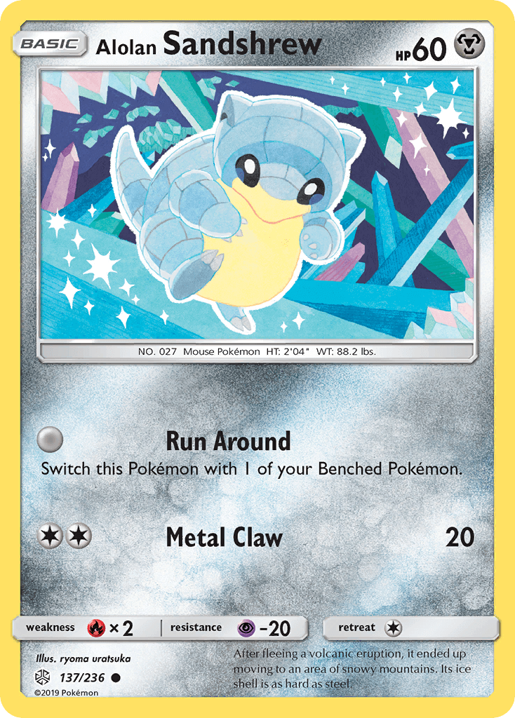 Alolan Sandshrew (137/236) [Sun & Moon: Cosmic Eclipse] card featuring a cute, blue and yellow Pokémon with metal type.