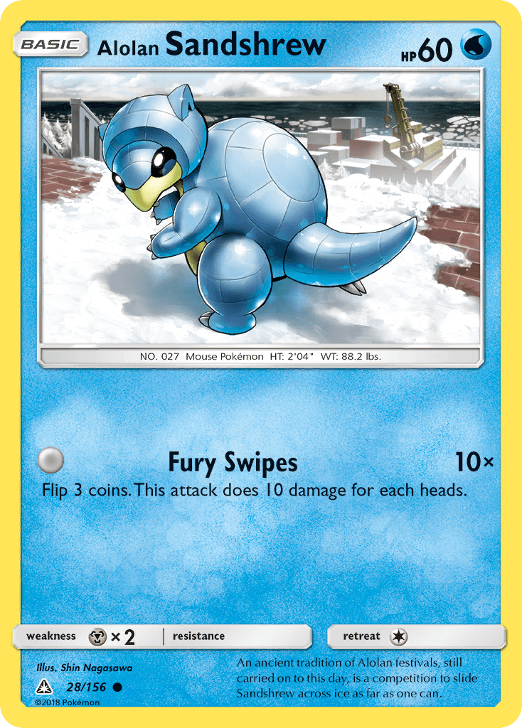 Alolan Sandshrew (28/156) [Sun & Moon: Ultra Prism] card showcasing its Fury Swipes attack and snowy background.