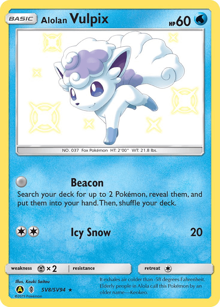 Alolan Vulpix (SV8/SV94) [Sun & Moon: Hidden Fates - Shiny Vault] Pokémon card featuring icy snow attack.
