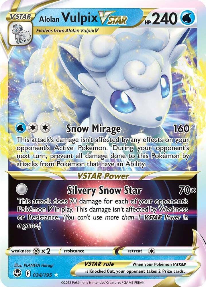 Alolan Vulpix VSTAR (034/195) [Sword & Shield: Silver Tempest] featuring HP 240 and abilities Snow Mirage and Silvery Snow Star.