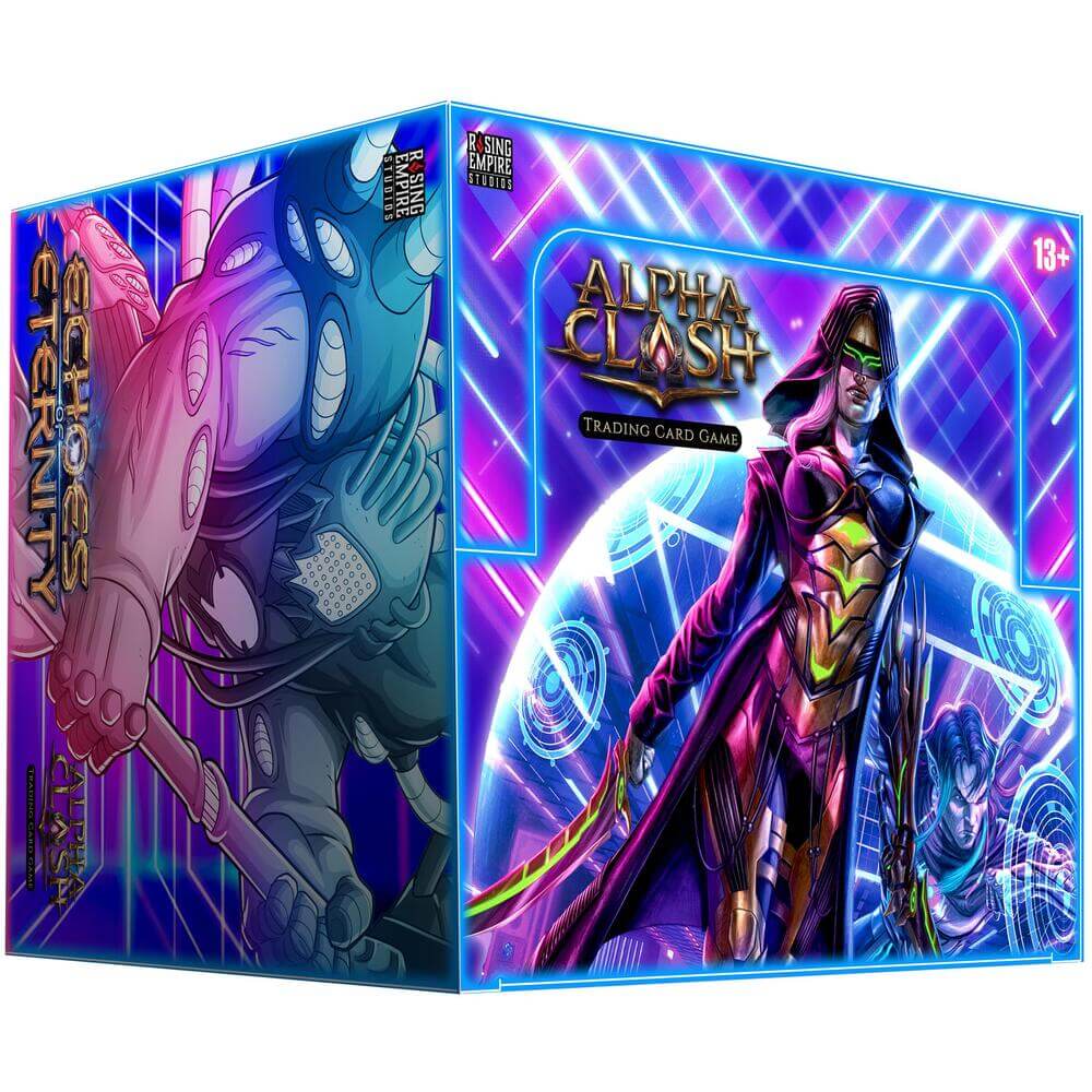 Alpha Clash Echoes of Eternity Booster Box featuring vibrant artwork and character illustrations.