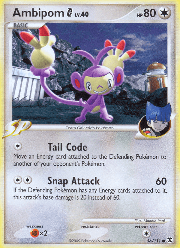 Ambipom G (56/111) [Platinum: Rising Rivals] card showcasing Tail Code and Snap Attack abilities.