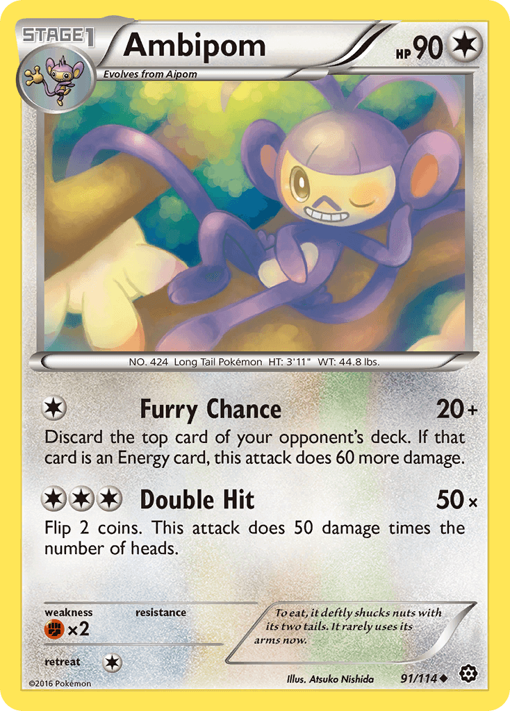 Ambipom (91/114) [XY: Steam Siege] card featuring Furry Chance and Double Hit moves.
