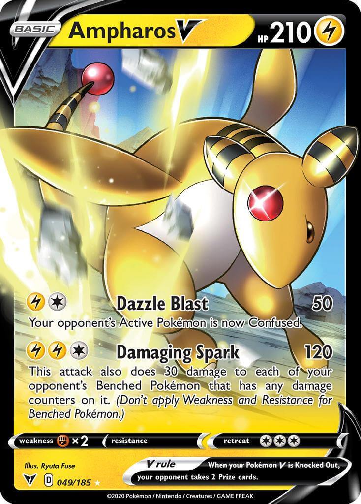Ampharos V (049/185) [Sword & Shield: Vivid Voltage] with HP 210 and abilities Dazzle Blast and Damaging Spark.