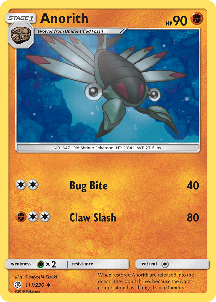 Anorith (111/236) [Sun & Moon: Cosmic Eclipse] card featuring Bug Bite and Claw Slash attacks.
