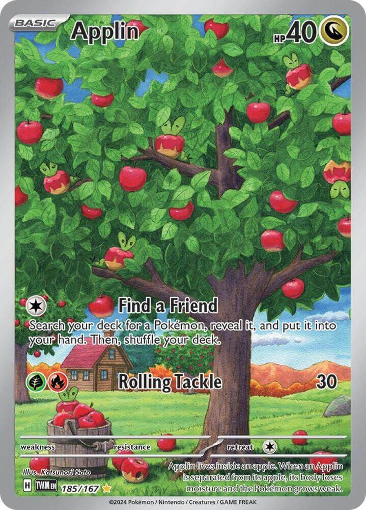 Applin (185/167) [Scarlet & Violet: Twilight Masquerade] card featuring a tree with apples and Pokémon ability.