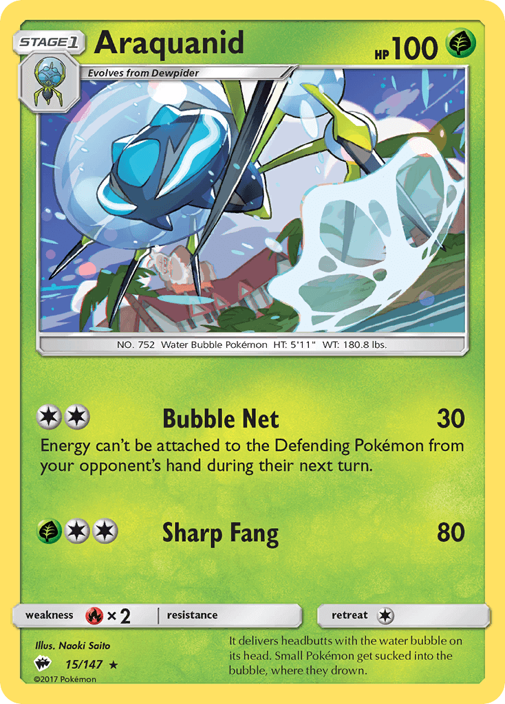 Araquanid (15/147) [Sun & Moon: Burning Shadows] card showcasing its abilities and features.