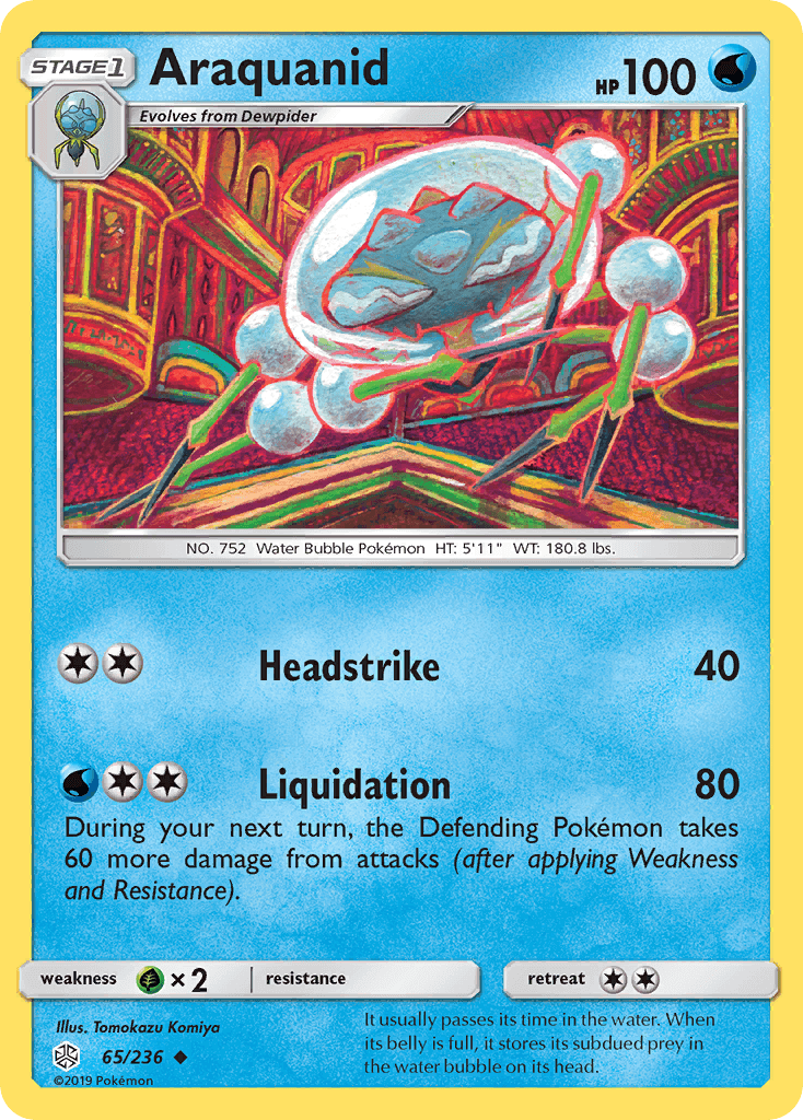 Araquanid (65/236) [Sun & Moon: Cosmic Eclipse] card showcasing Water-type moves and unique artwork.