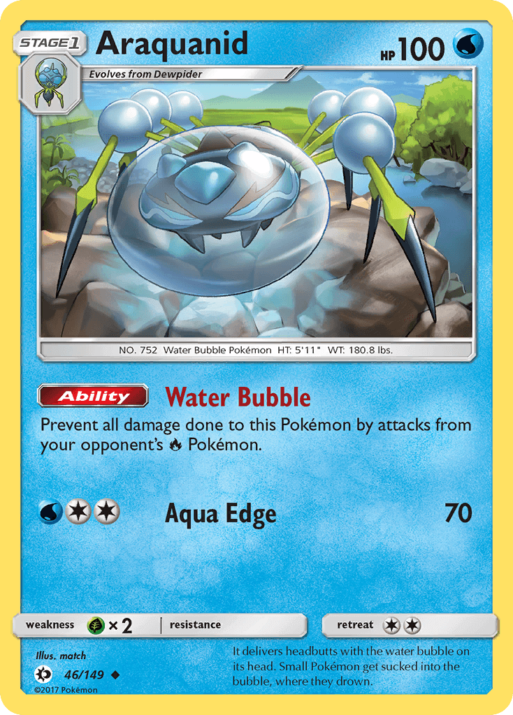 Araquanid (46/149) [Sun & Moon: Base Set] card with Water Bubble ability and Aqua Edge attack.