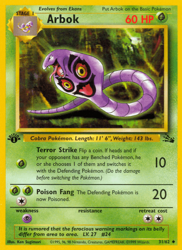 Arbok (31/62) [Fossil 1st Edition] card featuring art and details like Terror Strike and Poison Fang.