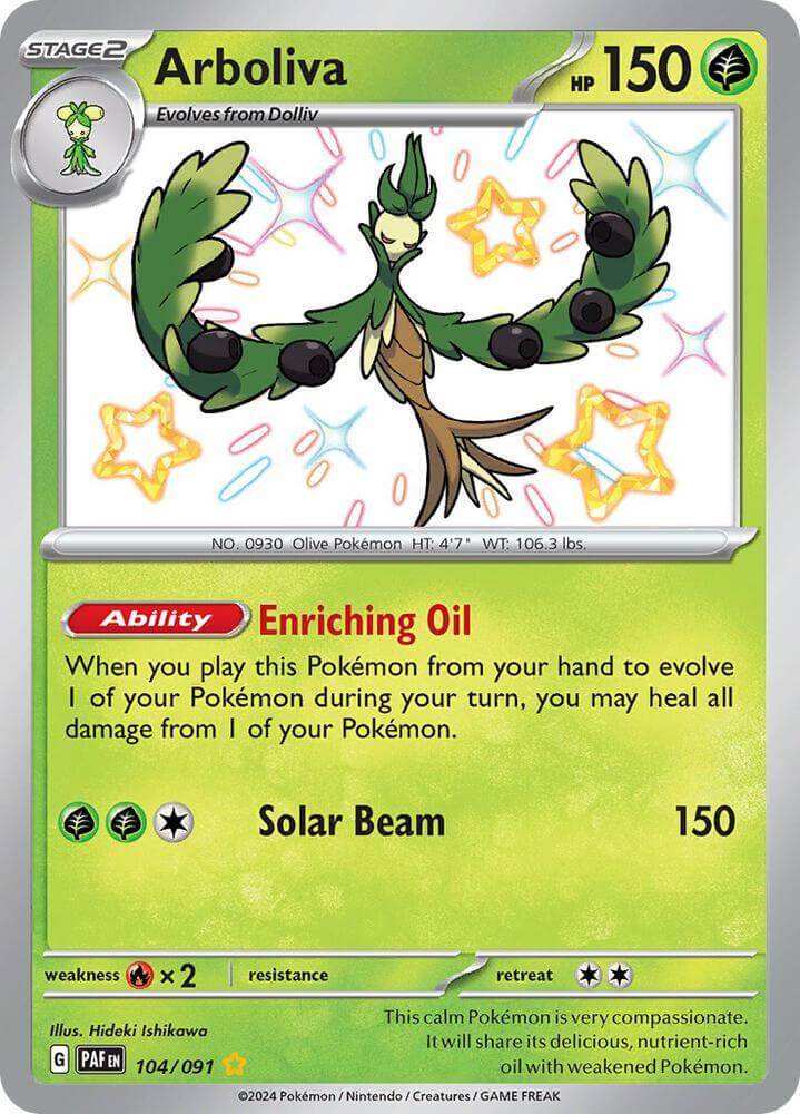 Arboliva (104/091) [Scarlet & Violet: Paldean Fates] card featuring Enriching Oil and Solar Beam ability.