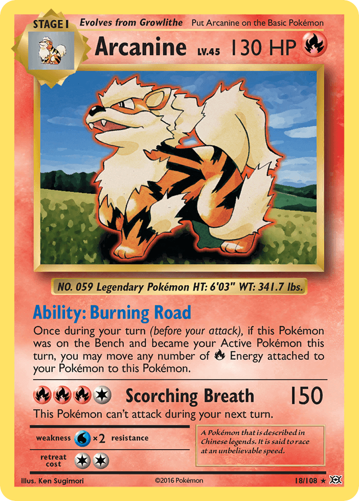 Arcanine (18/108) [XY: Evolutions] trading card showcasing Fire type, rare with abilities like Burning Road and Scorching Breath.