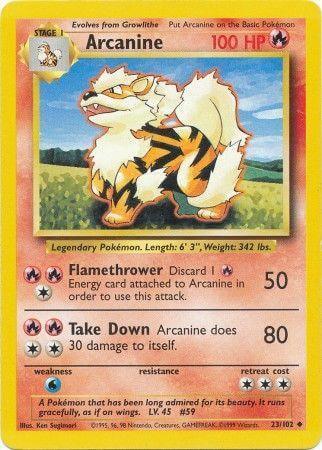 Arcanine (23/102) [Base Set Unlimited] Fire-type Pokémon card with Flamethrower and Take Down attacks.