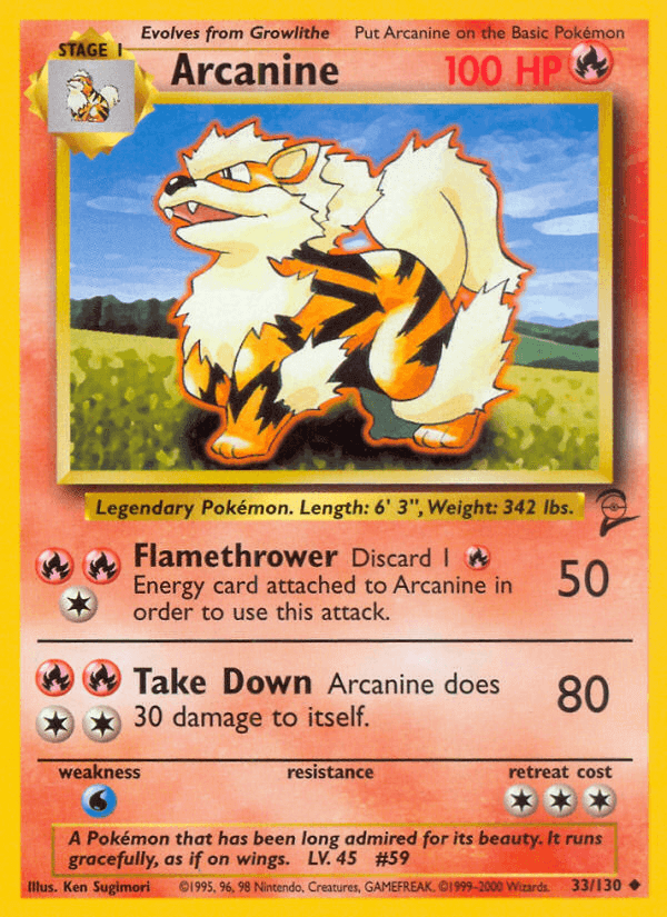 Arcanine (33/130) [Base Set 2] card featuring Fire type Pokémon with Flamethrower and Take Down moves.