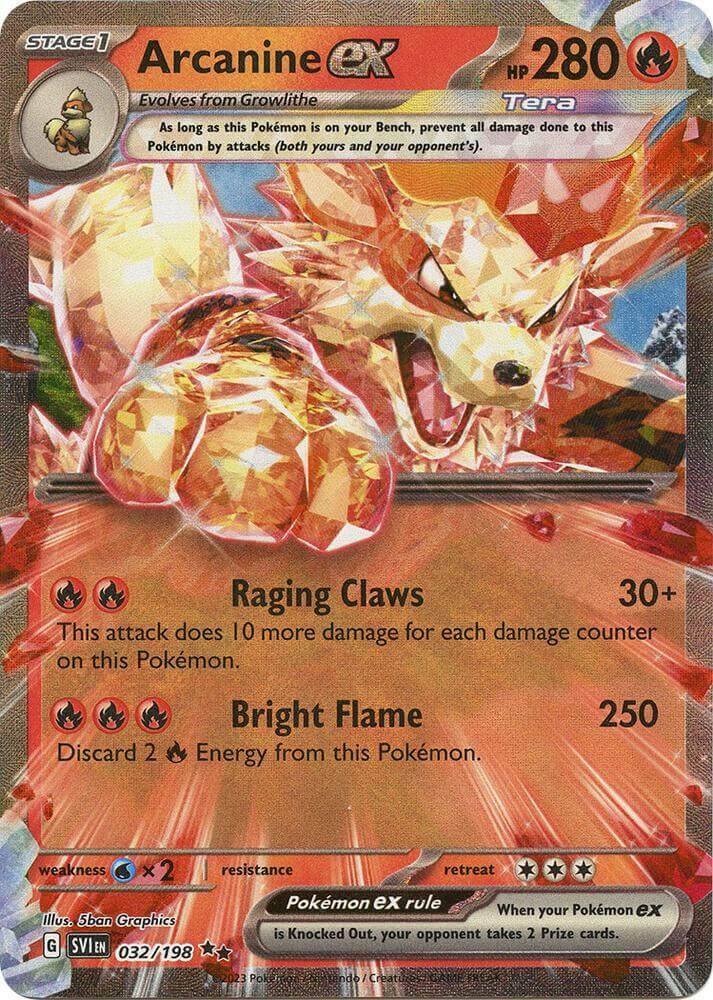 Arcanine ex (032/198) [Scarlet & Violet: Base Set] featuring vibrant artwork and details of card attributes.