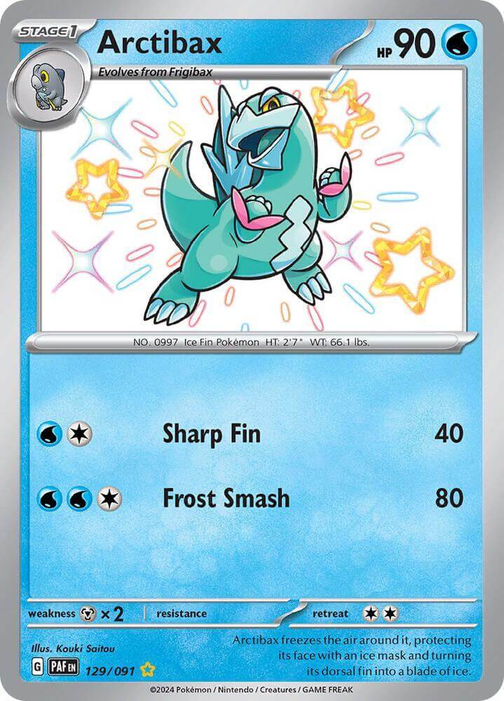 Arctibax (129/091) [Scarlet & Violet: Paldean Fates] card showcasing its HP and attacks like Sharp Fin and Frost Smash.