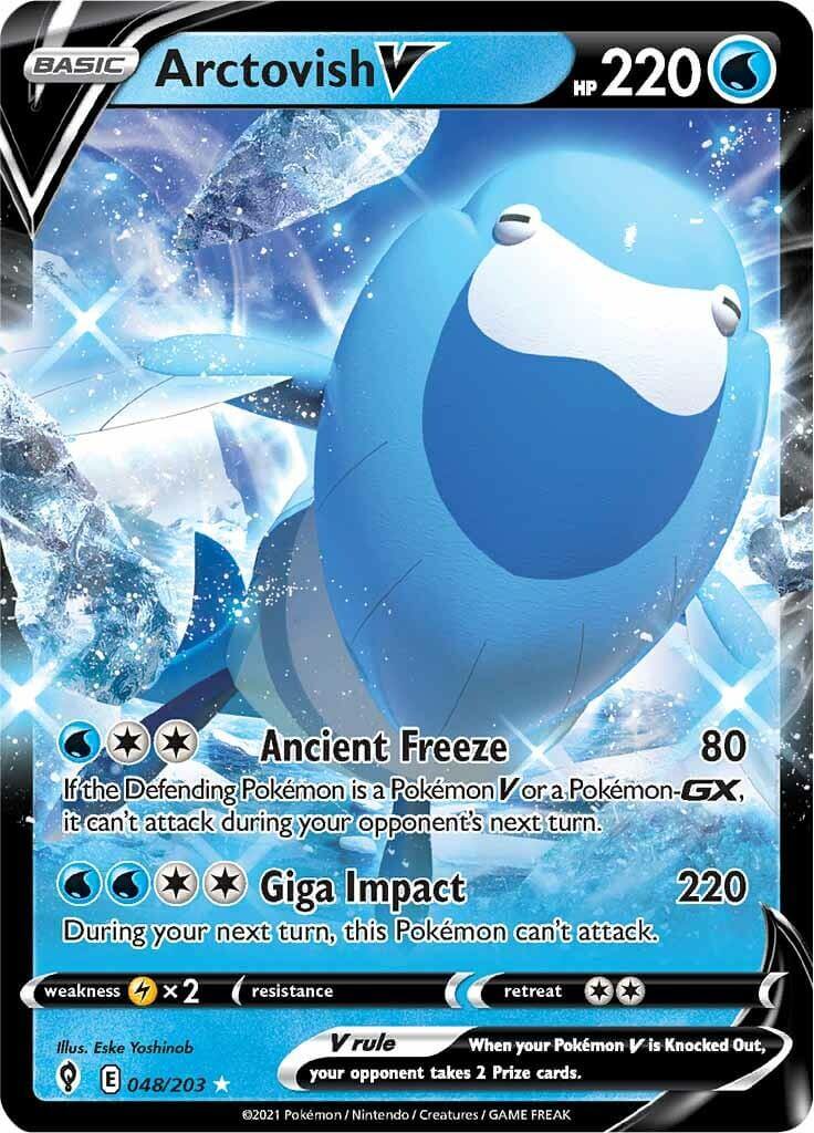Arctovish V (048/203) [Sword & Shield: Evolving Skies] Pokémon card showcasing HP 220, Ancient Freeze, and Giga Impact moves.