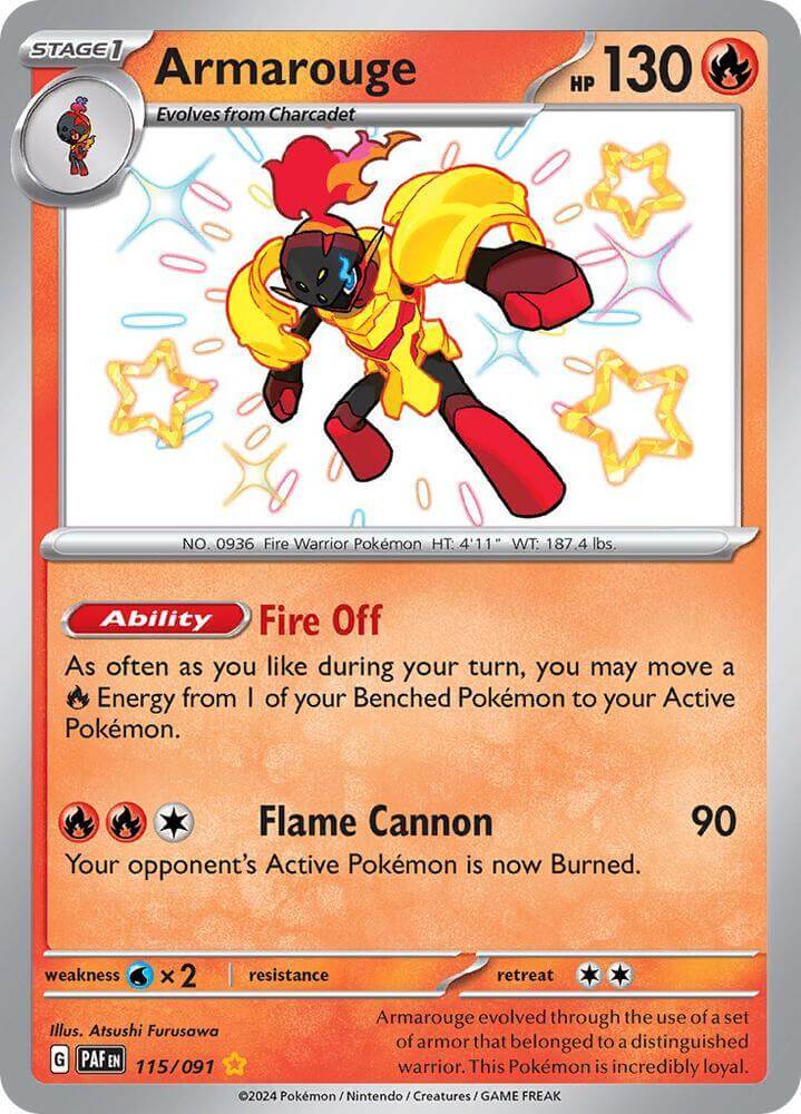 Armarouge (115/091) [Scarlet & Violet: Paldean Fates] card featuring its Fire Off ability and Flame Cannon attack.