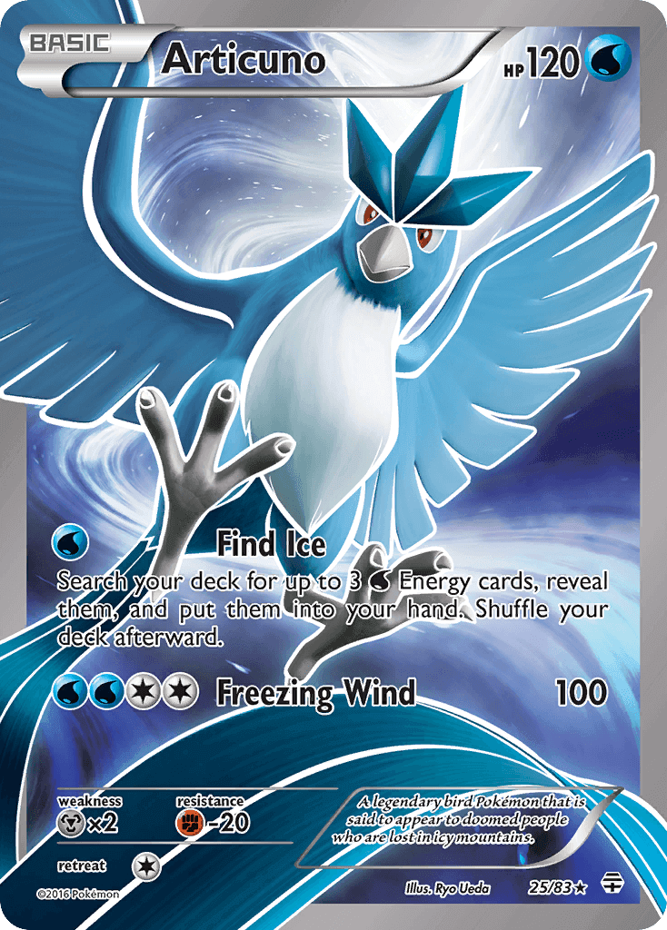 Articuno (25/83) [XY: Generations] card featuring HP 120, abilities Find Ice and Freezing Wind, Water type, Holo Rare.