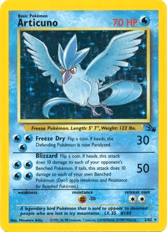 Articuno (2/62) [Fossil Unlimited] card featuring Water-type abilities and Holo Rare rarity.