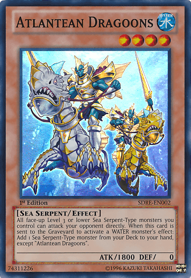 Atlantean Dragoons [SDRE-EN002] Super Rare Effect Monster with water theme and Sea Serpent abilities.